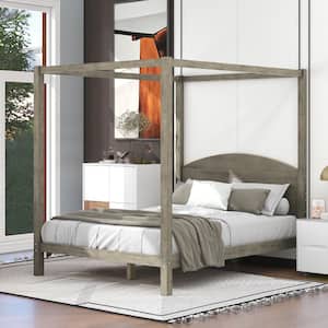 Brown Wash Wood Frame Queen Size Canopy Platform Bed with Headboard and Support Legs