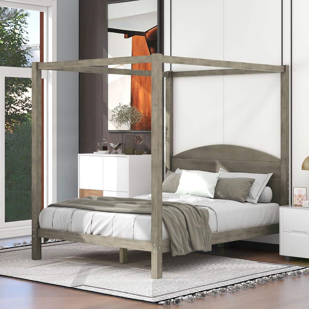 Polibi Brown Wash Wood Frame Queen Size Canopy Platform Bed with Headboard and Support Legs HARI