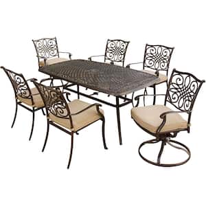Seasons 7-Piece Aluminum Outdoor Dining Set with Tan Cushions with Dining Chairs, 2 Swivel Chairs and Table