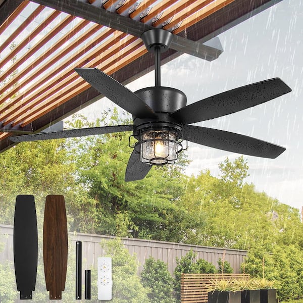 52 in. Outdoor Black Waterproof Ceiling Fan with Lights and Remote Control, 6-speeds, 3-CCT, Downrod Mount/Angled Mount