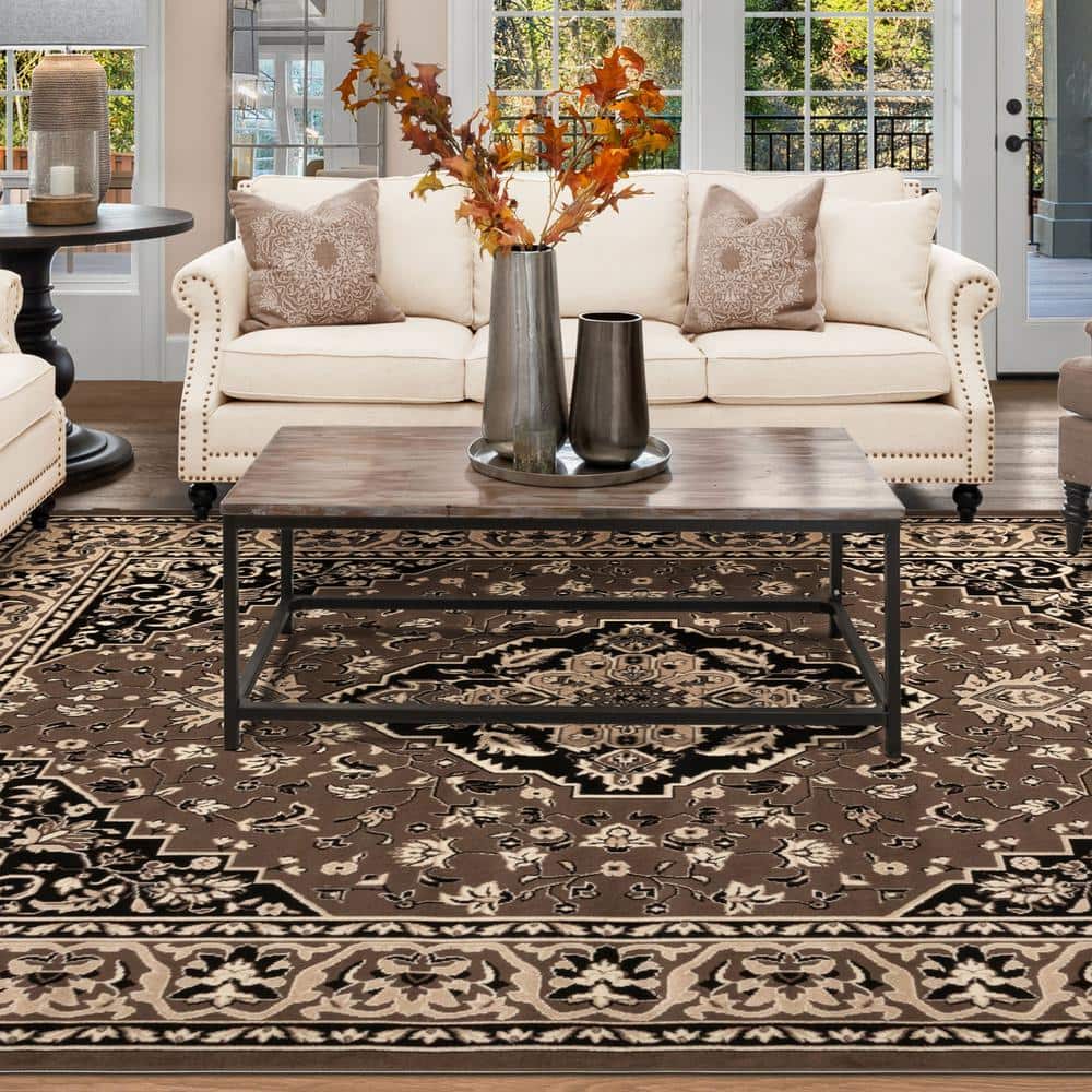 Elegant Brown Floral Medallion 6'x4' Low Pile Area Rug
