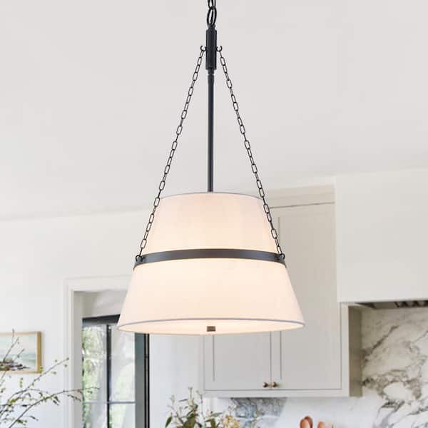 Softline 4-Light 15.4 in. Modern Matte Black Pendant Light with Linen Fabric Drum Shade for Bedroom Living Room Island