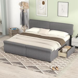 Gray Wood Frame King Size Upholstery Platform Bed with 2-Large Storage Drawers