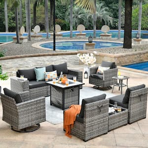 Moonstone 10-Piece Wicker Outdoor Patio Fire Pit Sectional Sofa Set and with Black Cushions and Swivel Rocking Chairs
