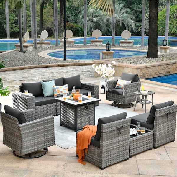 XIZZI Moonstone 10-Piece Wicker Outdoor Patio Fire Pit Sectional Sofa Set and with Black Cushions and Swivel Rocking Chairs