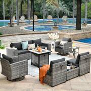 Metis 10-Piece Wicker Outdoor Patio Fire Pit Sectional Sofa Set and with Black Cushions and Swivel Rocking Chairs