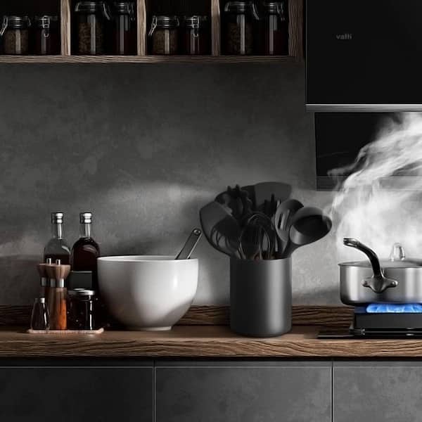 Matte Black Ceramic Kitchen Utensil Holder Countertop Large Cooking Crock Easy to Clean Modern Stylish Decor