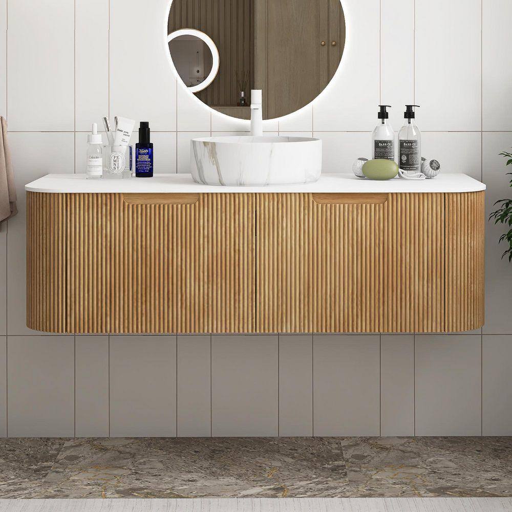 TCYO 48 in. Wall-Mounted Natural Wood Bath Vanity with White Solid ...