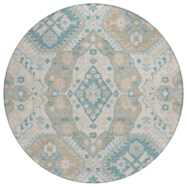 Chantille Machine Washable Indoor/Outdoor Abstract ACN3103 Linen 8 ft. x 8 ft. Round Rug