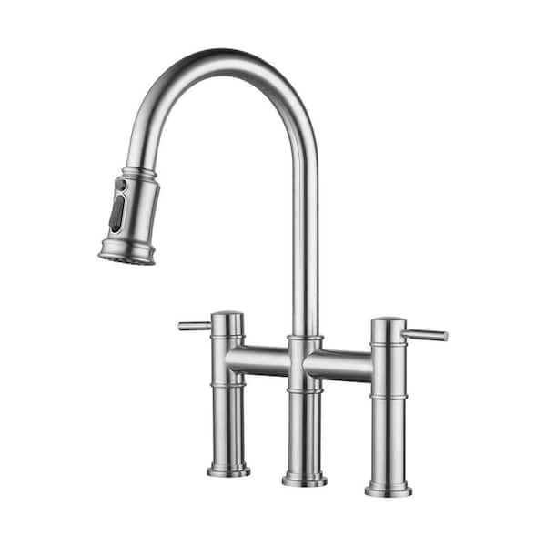 3-Hole 8 in. Double Handle Brass Bridge Kitchen Faucet with 3-Mode Pull Down Sprayer and Supply Lines in Brushed Nickel