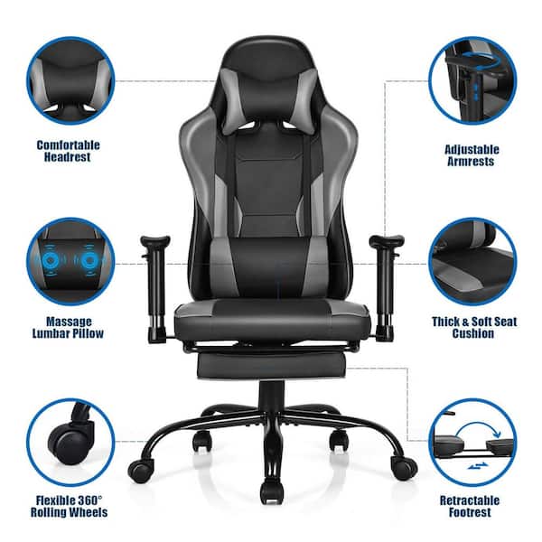 Gymax Gray Plastic Massage Gaming Chair Racing Computer Task Chair Recliner  with Footrest GYM06670 - The Home Depot