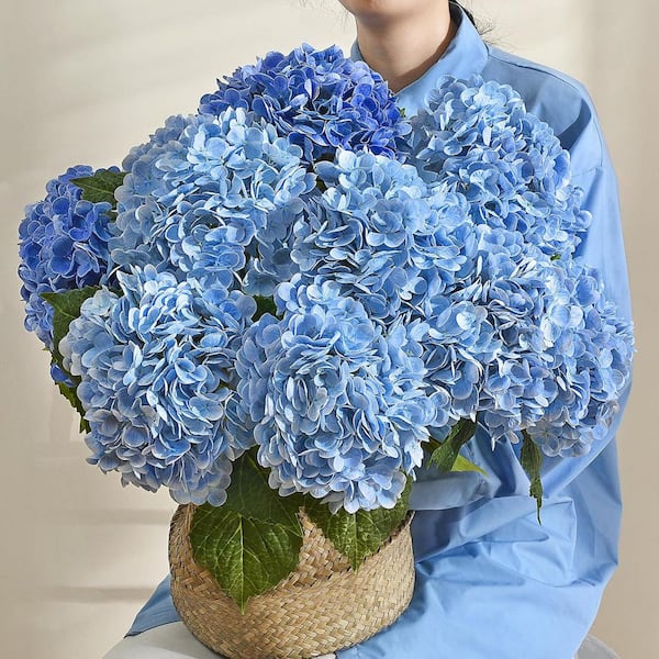Afoxsos 12 in. 3-Pieces Blue Indoor Artificial Hydrangea