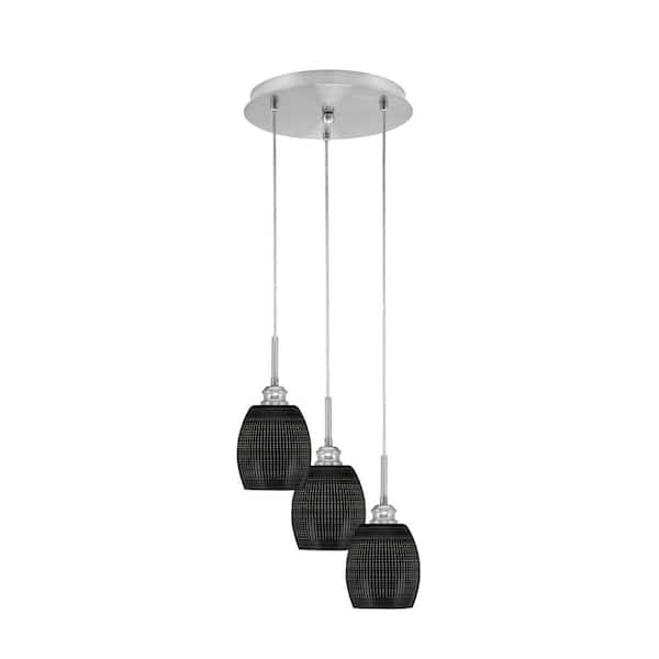 Unbranded Savannah 11.25 in. 3-Light Brushed Nickel Cord Pendant Light Black Matrix Glass Shade