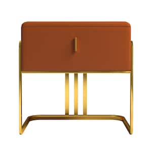 Minimalist Orange Nightstand Upholstered Leather Surface with 1 Drawer in Gold