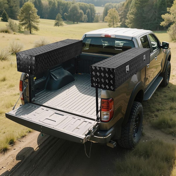 Top Mount Truck Tool Box in Aluminum, 88 in., Heavy Duty Lockable Storage Box with Dual Doors and Latch, in Black Tread