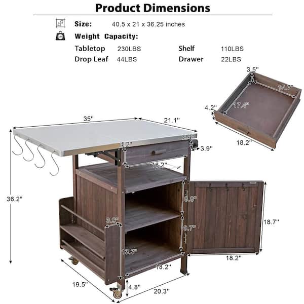 Unbranded - 40.5 in. Brown Outdoor Grill Cart with Stainless Steel Top