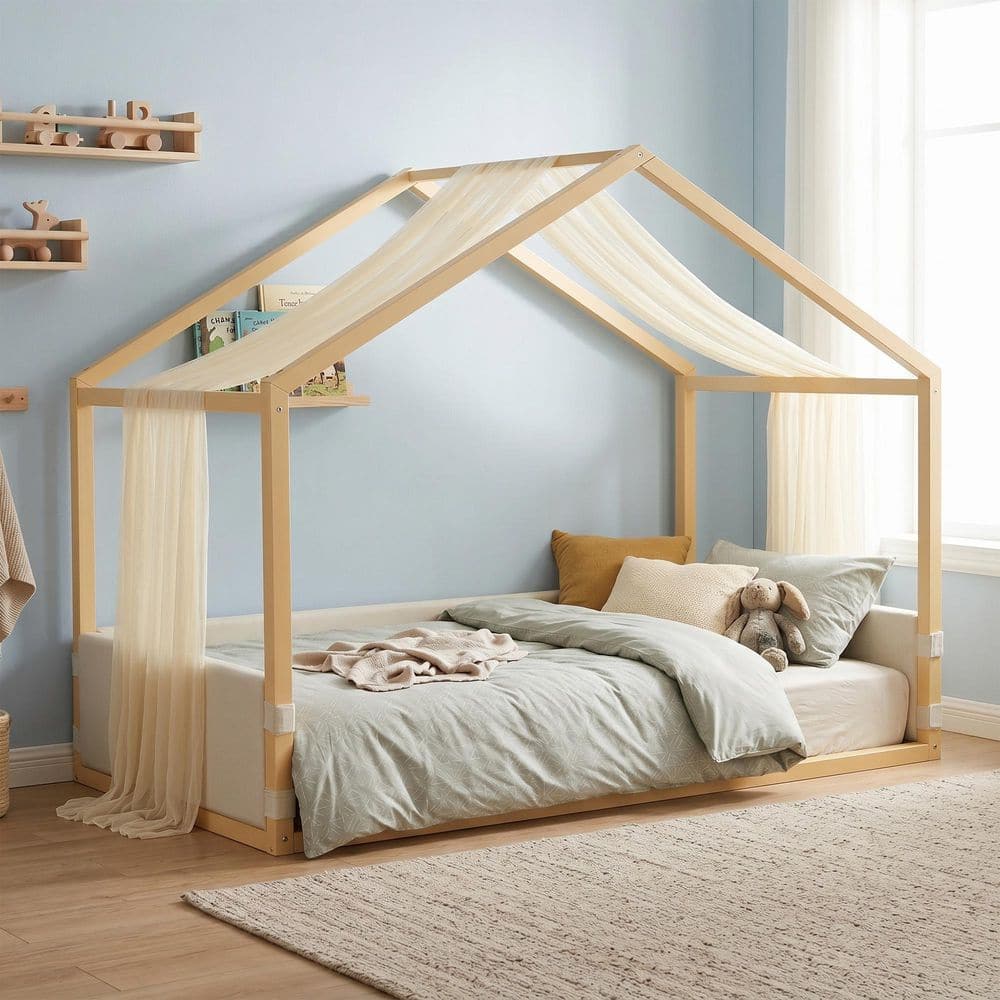 Natural (Brown) Wood Frame Twin Size Canopy Bed with Breathable Gauze Canopy and Upholstered Velvet Side Panels price history on PriceWatchPro