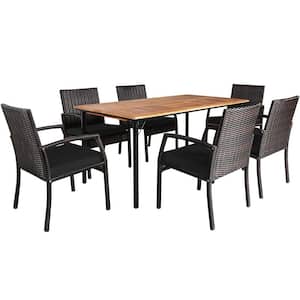 7-Piece PE Rattan Wicker Rectangle Acacia Wood Table Outdoor Dining Set with Umbrella Hole and Black Cushions