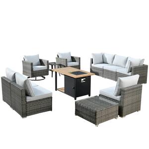 Hippish Gray 11-Piece Wicker Patio Fire Pit Table Conversation Set with Gray Cushions and Swivel Rocking Chairs