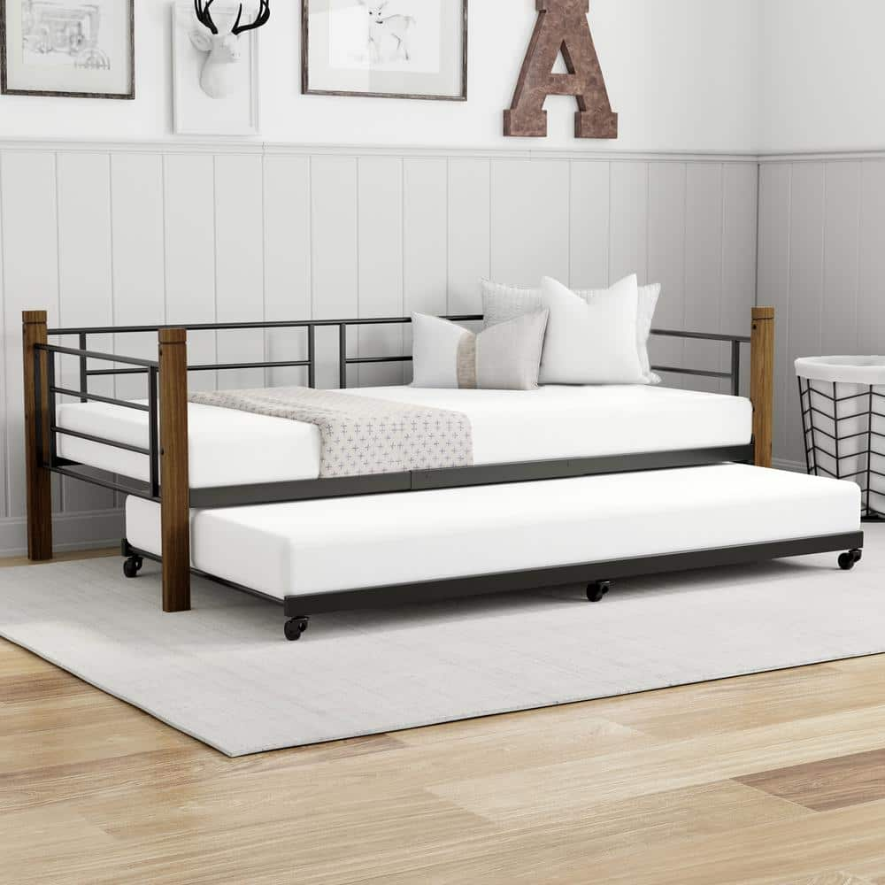 Raymond Metal Twin Daybed with Wood Posts, Textured Black with Brushed Dark Brown -  Hillsdale Furniture, 2591-100