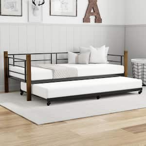 Raymond Metal Twin Daybed with Wood Posts, Textured Black with Brushed Dark Brown