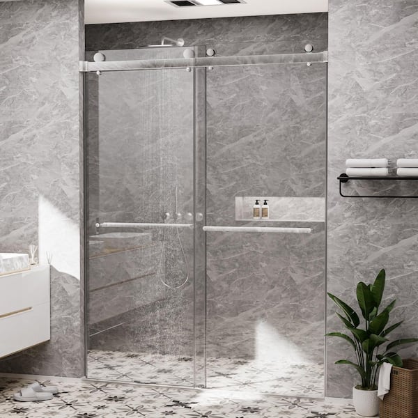 60 in. W x 76 in. H Double Sliding Frameless Shower Door in Chrome with Smooth Sliding and 3/8 in. SGCC Clear Glass