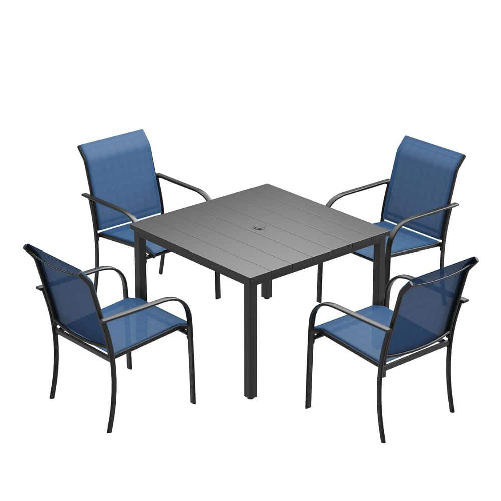 5-Piece Patio Dining Set with Black Square Metal Table and 4-Blue Dining Chairs with Curved Armrests for Outdoor Use price history on PriceWatchPro