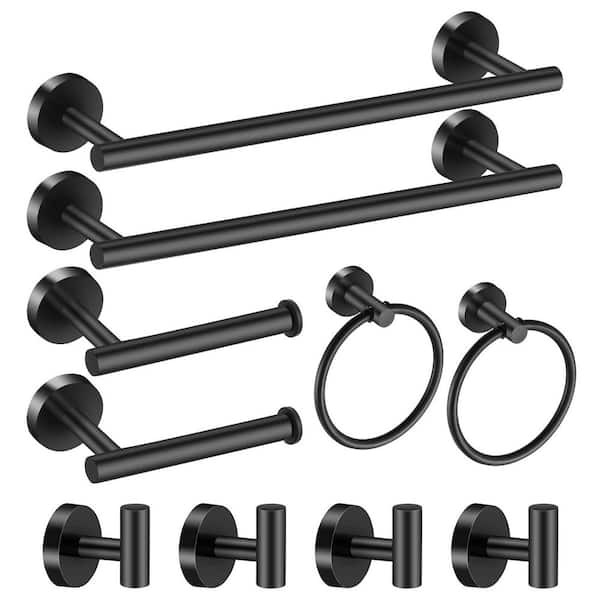 10-Piece 24 in. Wall Mounted Towel Bar in Matte Black with Towel Hook, Towel Ring and Toilet Paper Holder