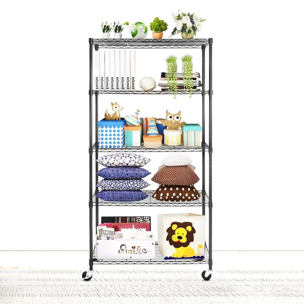Black 5-Tier Adjustable Wire Shelving Unit with Wheels