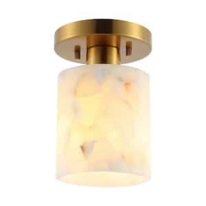 Jules 5.13 in. 1-Light Modern Contemporary Alabaster/Iron Cylinder LED Semi Flush Mount, White Marbling/Brass Gold