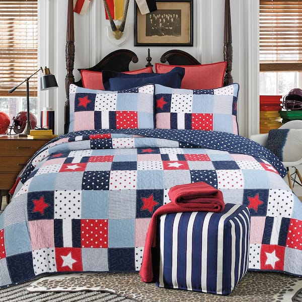 Cozy Line Home Fashions Stars And Stripes Patriotic 3 Piece Red White Blue Square Patchwork Poly Cotton Queen Quilt Bedding Set Bb2020 042q The Home Depot