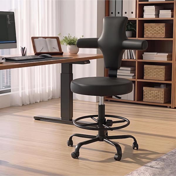 Tall Faux Leather Adjustable Height Swivel Standing Desk Drafting Chair in Black with Fixed Arms