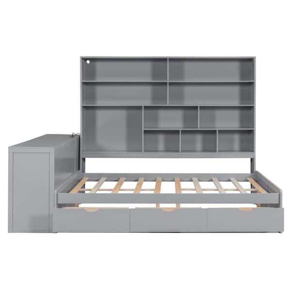 All-in-One Gray Full Size Wood Daybed with Desk, Cabinets, Shelves, LED Lighting, 3-Drawers