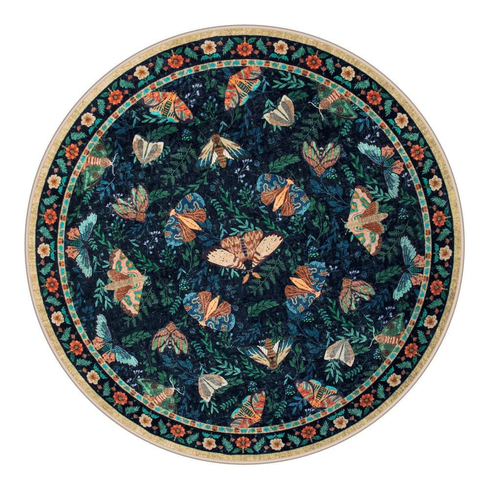 Animal & Insect Floral Print Machine Washable Non Slip Backing Blue 6 ft. Round Living Room/Bedroom Area Rug price history on PriceWatchPro
