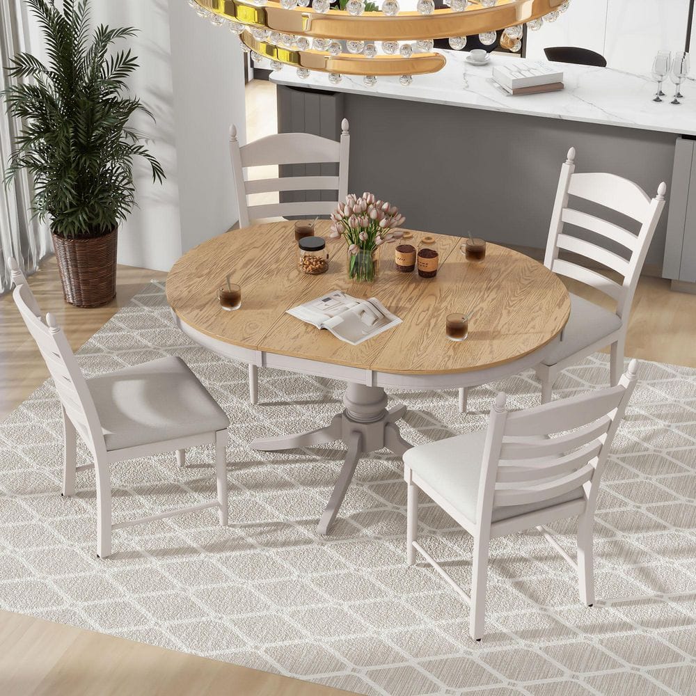 Greenvale Country 5-Piece Round Off White + Natural Finish Wood Top Extendable Dining Table Set with Chairs, 4 Seats price history on PriceWatchPro