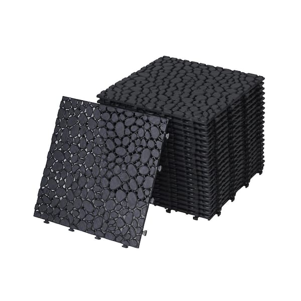 FIROMO 12 in. x 12 in. Black Plastic Waterproof Cobblestone Pattern Interlocking Floor, Patio Deck Tile (24 PCS)