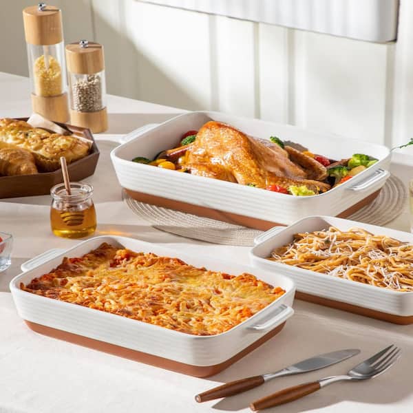 Numhew 3-Piece Rectangular Khaki White Ceramic Casserole Dish Set