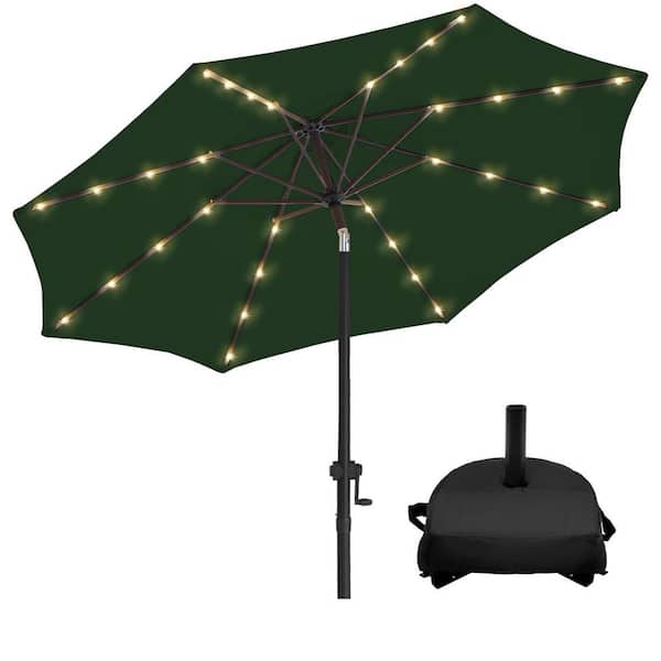 wikiwiki 9 ft. Solar LED Lighted Market Patio Umbrella with Base and Push Button Tilt in Dark Green