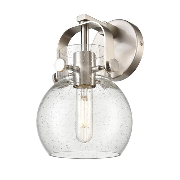 Innovations Pilaster II Sphere 6.5 in. 1-Light Satin Nickel Wall Sconce with Glass Shade