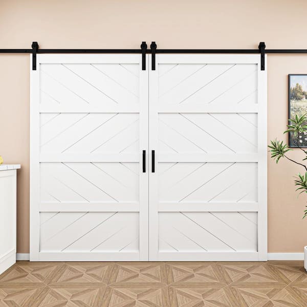 96 in. x 84 in. White 4 Lite Wave Pattern Finished MDF Sliding Barn Door with Hardware Kit and Soft Close