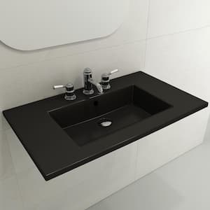 Ravenna Matte Black 32.25 in. 1-Hole Fireclay Rectangular Wall-Mounted Sink with Overflow