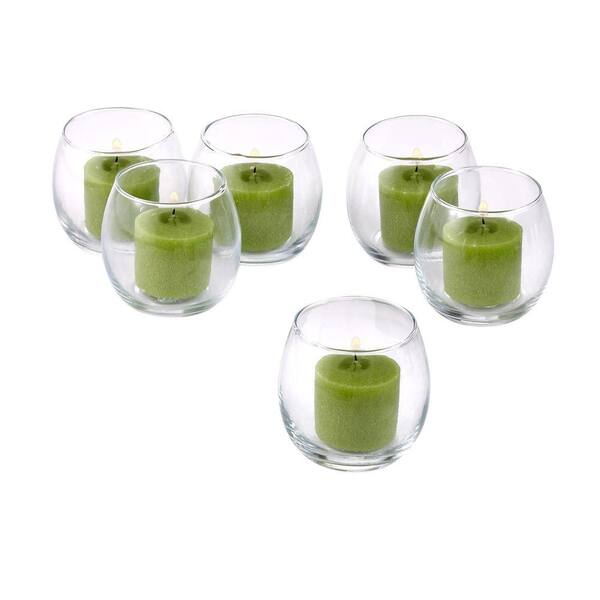 Light In The Dark Clear Glass Hurricane Votive Candle Holders with Lime Green Votive Candles (Set of 12)