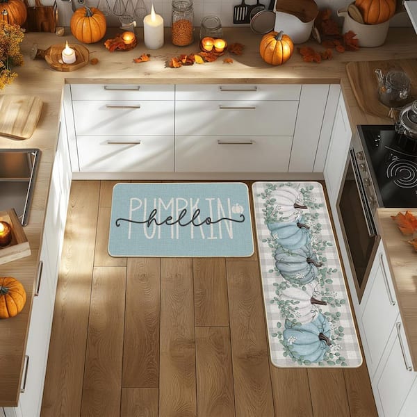 Blue Buffalo Plaid Hello Pumpkin Indoor Kitchen Mats Set of 2 (17 in. x 29 in. + 17 in. x 47 in. )
