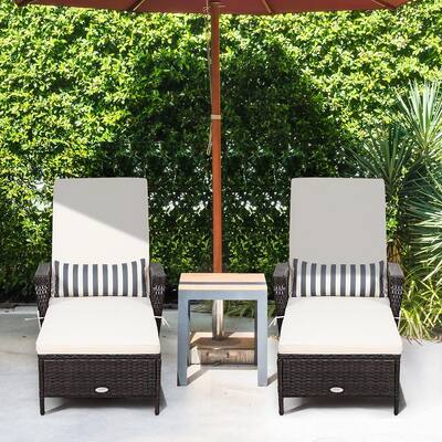 2-Piece Wicker Outdoor Chaise Lounge Armrest Recliner with Beige Cushions Adjustable Height