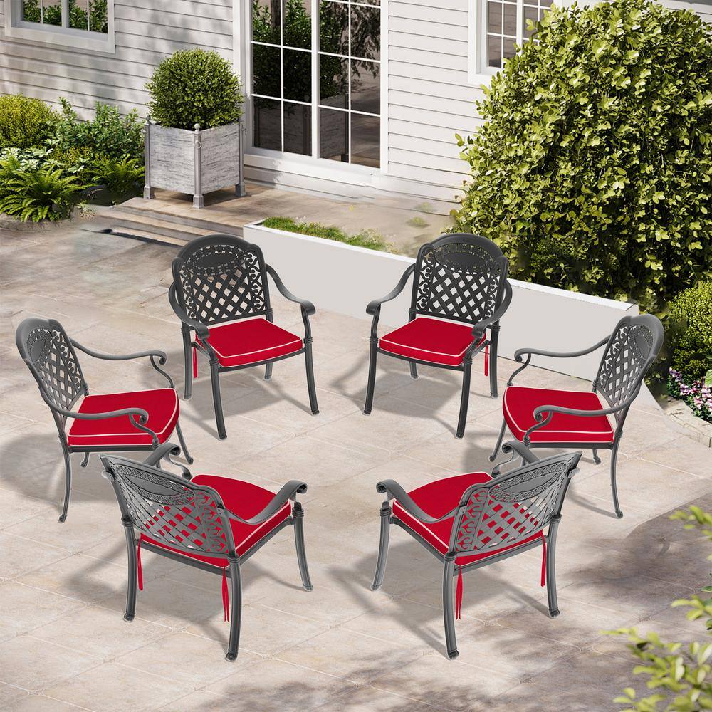 Black Stackable Cast Aluminum Patio Outdoor Dining Chairs with Red Seat Cushions (Set of 6) price history on PriceWatchPro