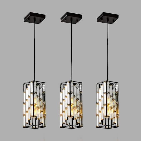 60-Watt 3 Light Black Shaded Pendant Light with Prism Design Crystal Shade, No Bulbs Included