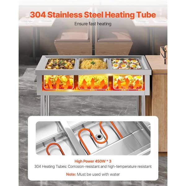 Electric Food Warmer, 450 W x 3 Stainless Steel Steam Table with Independent Temp Control and Undershelf