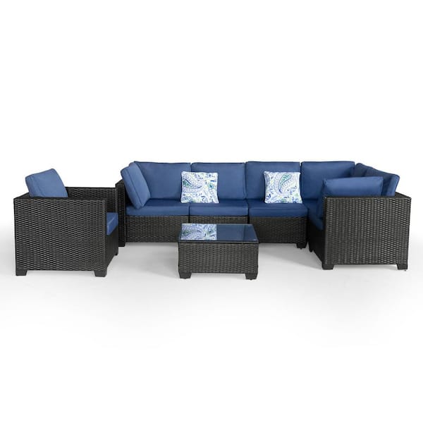 7 Pieces Dark Blue Metal Outdoor Sectional Set with Cushions for Outdoor Indoor Backyard Lawn Garden Porch Poolside