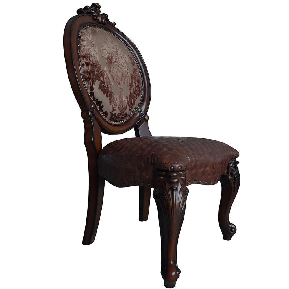 Cherry Finish Faux Leather Upholstered Armless Side Chair Set