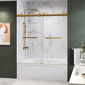 KWCAT 60 in. W x 66 in. H Double Sliding Frameless Tub Door in Brushed Gold with 3/8 in. Clear Glass